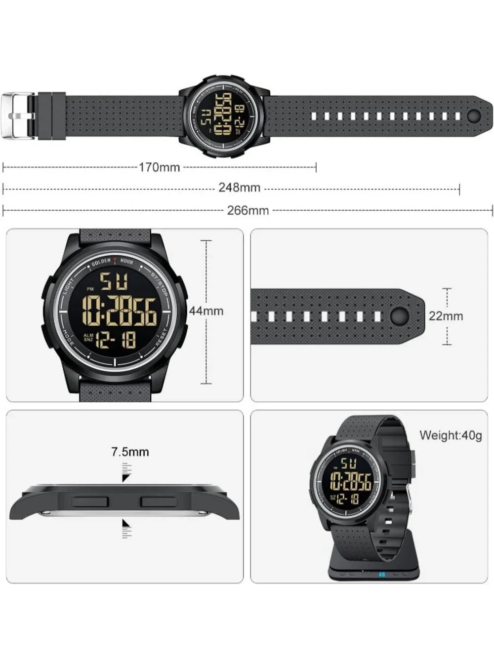 Men All Black Rubber Strap Ultra-Thin Minimalist Sports Waterproof Digital Watch